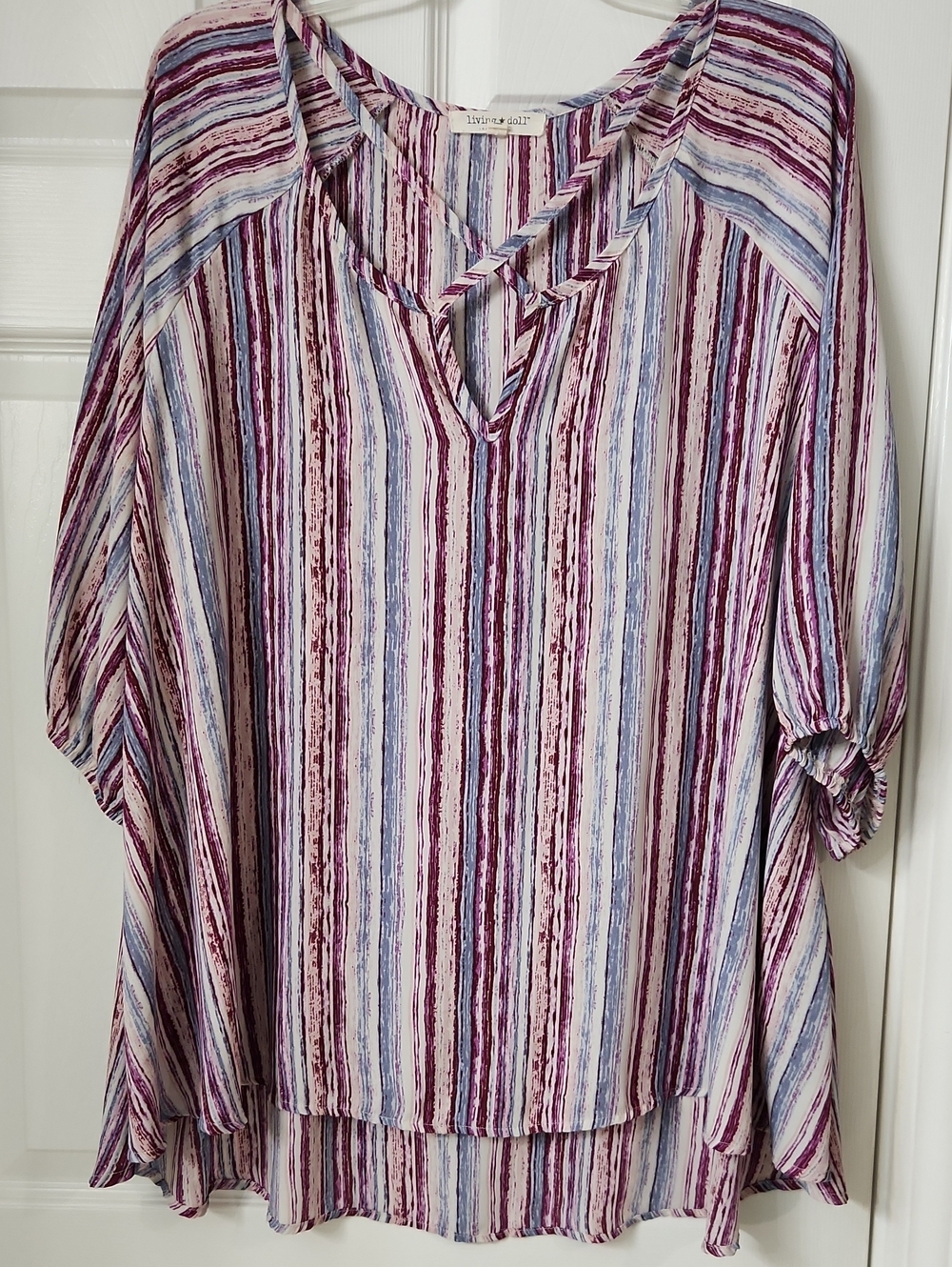 Living Doll Striped V-Neck Blouse in Burgundy and Blue